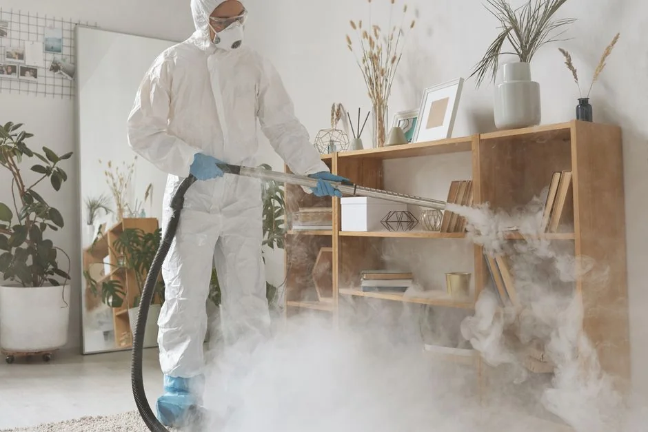 A cleaner vacuuming in a refined indoor environment, highlighting cleaning tools and methods.